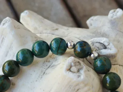 Edelstein Armband Unikatschmuck Edelsteinarmkette Steinschmuck mit 8mm dunkelgrün blauen Heliotrop Blut Jaspis 925 Silber Zwischenperlen Armschmuck auf Elast aufgezogen