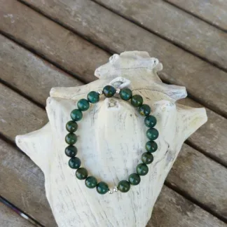Edelstein Armband Unikatschmuck Edelsteinarmkette Steinschmuck mit 8mm dunkelgrün blauen Heliotrop Blut Jaspis 925 Silber Zwischenperlen Armschmuck auf Elast aufgezogen