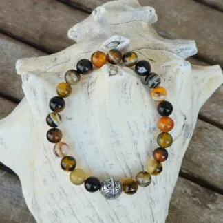 Edelstein Männer Armband Männerschmuck Armkette mit 8mm Hummel Achat Edelsteinperlen silberner Tibetperle aus Acryl auf Elast aufgezogen Armschmuck Steinschmuck Heilsteinschmuck