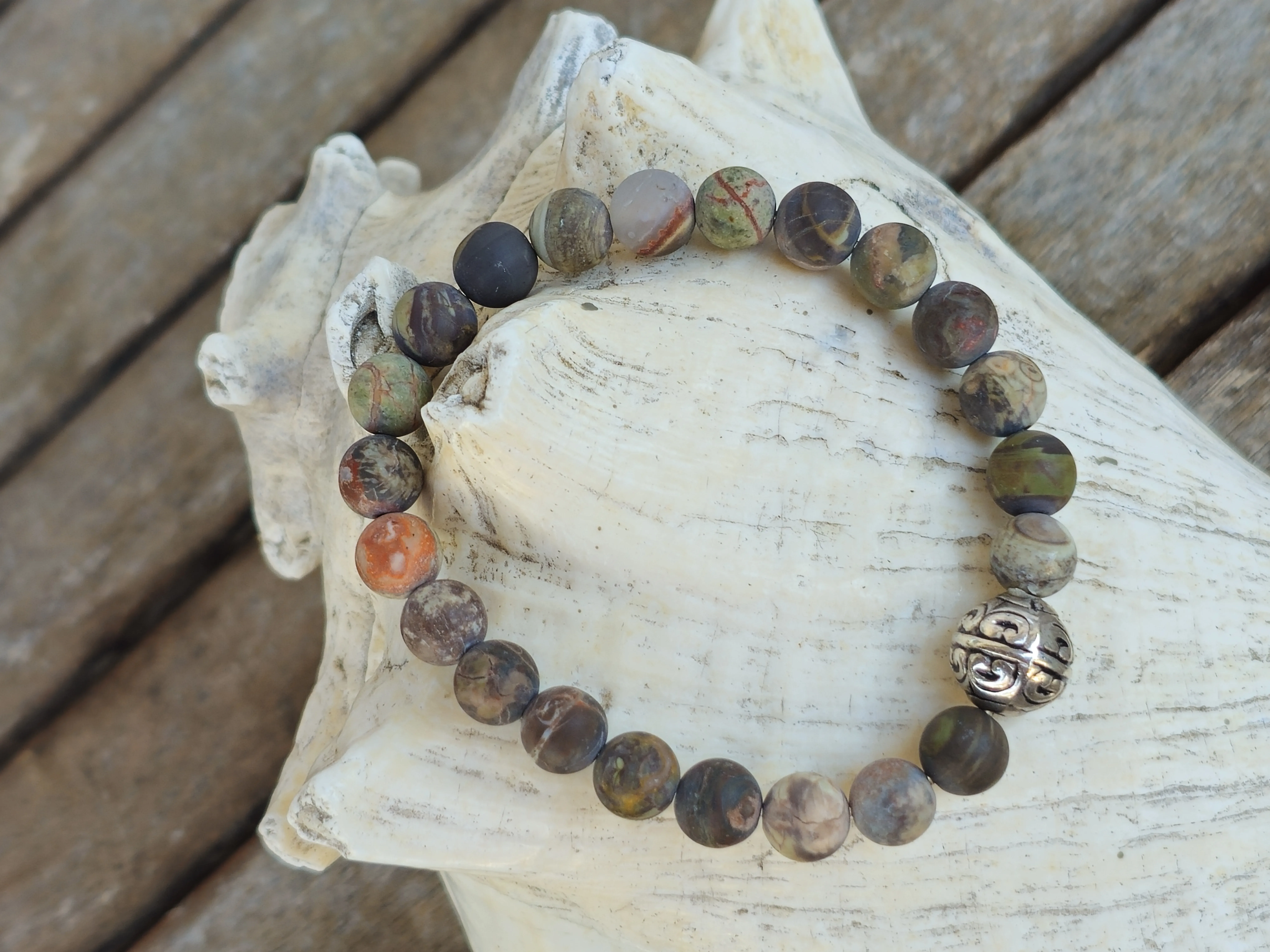 Edelstein Männer Armband Eilif Edelstein Männer Armband Männerschmuck Armkette mit 8mm matten Pic Jaspis Edelsteinperlen silberner Tibetperle aus Acryl auf Elast aufgezogen Armschmuck Steinschmuck Heilsteinschmuck