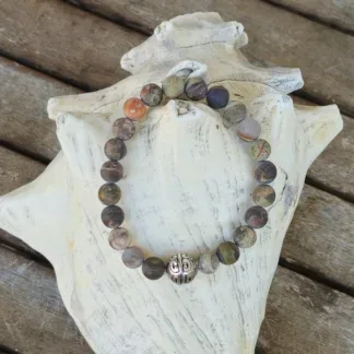 Edelstein Männer Armband Männerschmuck Armkette mit 8mm matten Pic Jaspis Edelsteinperlen silberner Tibetperle aus Acryl auf Elast aufgezogen Armschmuck Steinschmuck Heilsteinschmuck