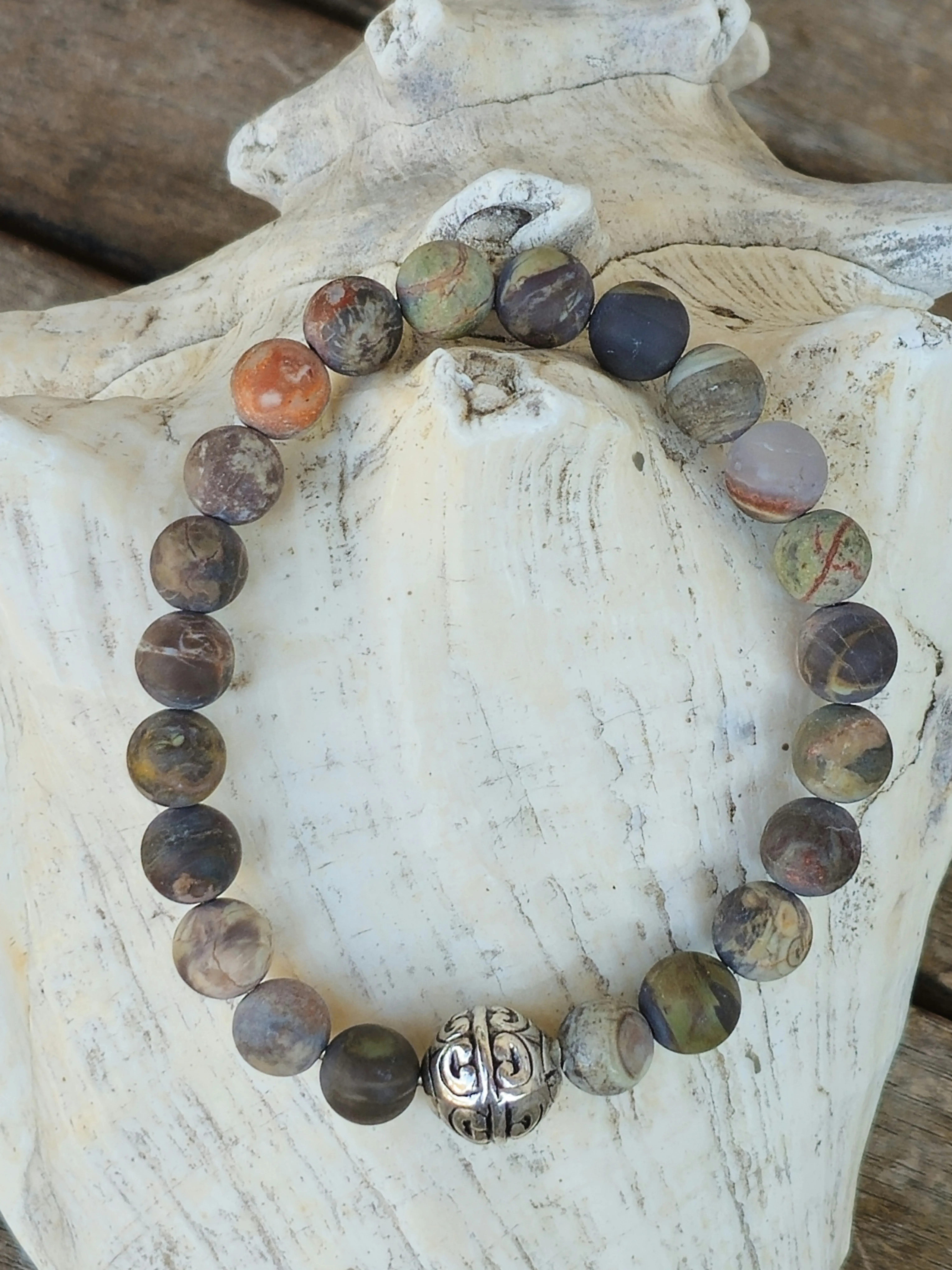 Edelstein Männer Armband Eilif Edelstein Männer Armband Männerschmuck Armkette mit 8mm matten Pic Jaspis Edelsteinperlen silberner Tibetperle aus Acryl auf Elast aufgezogen Armschmuck Steinschmuck Heilsteinschmuck