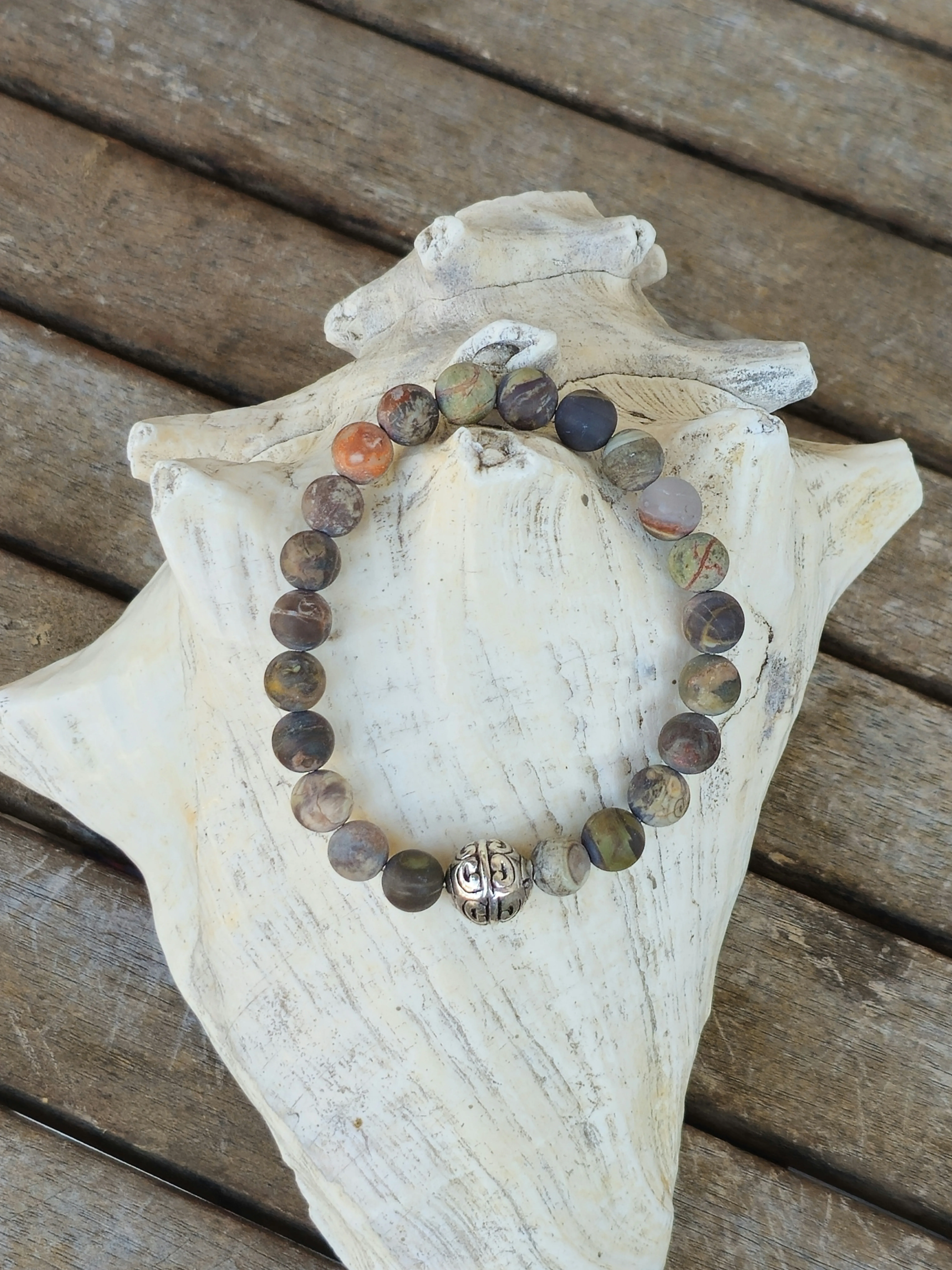 Edelstein Männer Armband Eilif Edelstein Männer Armband Männerschmuck Armkette mit 8mm matten Pic Jaspis Edelsteinperlen silberner Tibetperle aus Acryl auf Elast aufgezogen Armschmuck Steinschmuck Heilsteinschmuck