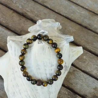 Edelstein Männer Armband Männerschmuck Armkette mit 8mm Tigerauge Edelsteinperlen dunkelbrauner Kokosperle auf Elast aufgezogen Armschmuck Steinschmuck Heilsteinschmuck