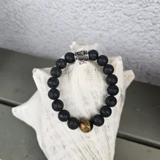 Edelstein Männer Armband Herrenschmuck Männer Armschmuck mit 10mm schwarzen Lavaperlen Tigerauge und Runenperle Algiz auf Elast aufgezogen