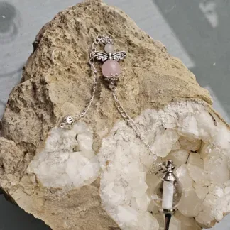 Edelstein Pendel Reiki Pendel Anhänger mit 20mm Bergkristallkugel als Pendel Engel mit Rosenquarz und weisser Achatperle an Gliederkette mit Drahtsilberperle als Griff Pendulum