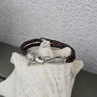 Wikinger Männer Lederarmband mit Fenris Wolfskopf Endkappe aus Edelstahl Doppel Metallperle und 2 dunkelbraunen gewickelten 4mm Lederbändern
