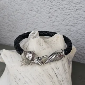 Wikinger Männer Lederarmband mit Fenris Wolfskopf Endkappe aus Edelstahl und 8mm schwarzem Lederband Männerschmuck Männer Armband