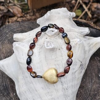 Edelstein Armband mit Tigerauge und Goldherz Perle
