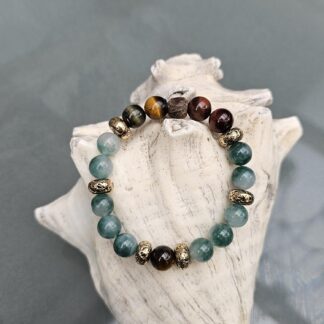 Edelstein Armband mit Achat und Tigerauge und goldene Metallperlen