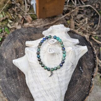 Edelstein Armband mit grünblauen Perlen und Mondanhänger Silber