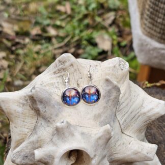 Cabochon Ohrringe silber mit Pusteblume dunkelblau weiss