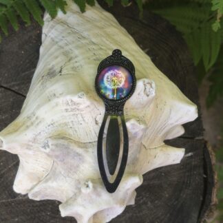 Lesezeichen schwarz mit Pusteblume Glas Cabochon blau weiss gelb