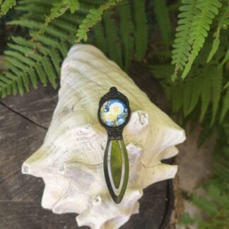 Lesezeichen schwarz mit Pusteblumen weiss-gelb